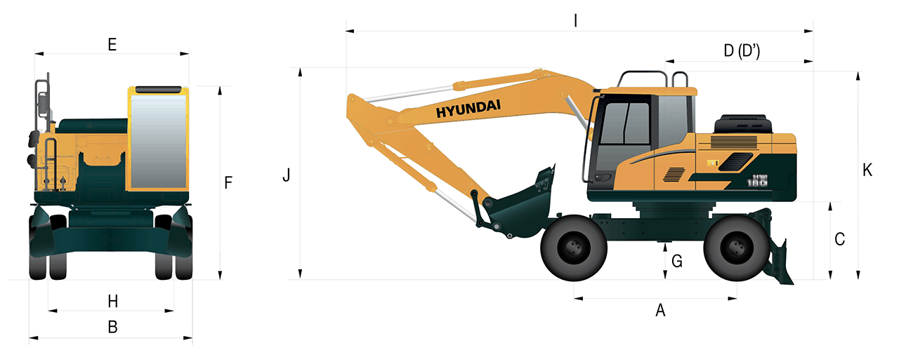 A diagram of dimensions for a Hyundai HW180 is shown.