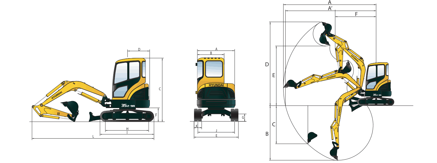 Hyundai R35Z-9A Excavator Dimensions Diagram