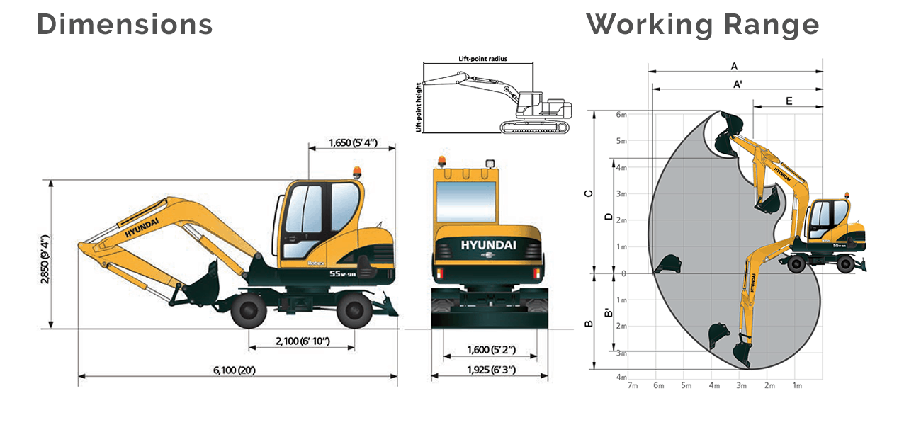 Hyundai R55W-9A Dimensions Diagram
